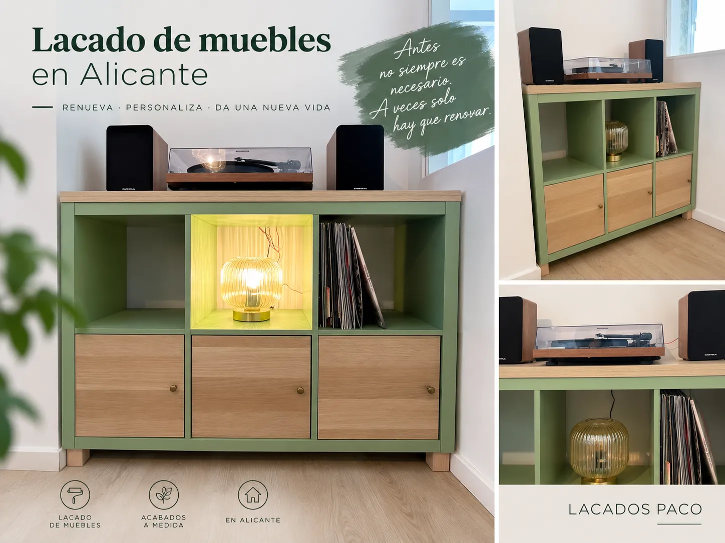 Mueble de madera lacado en verde en Alicante